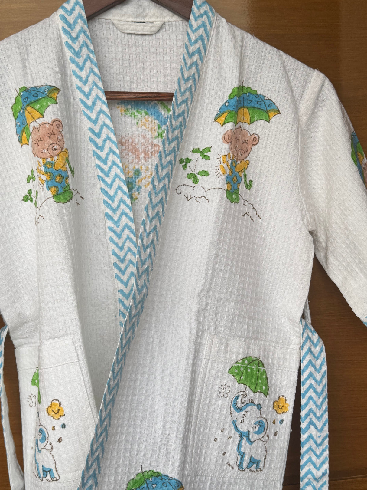 Teddy Kids Bathrobe-Cotton Waffle Blockprint