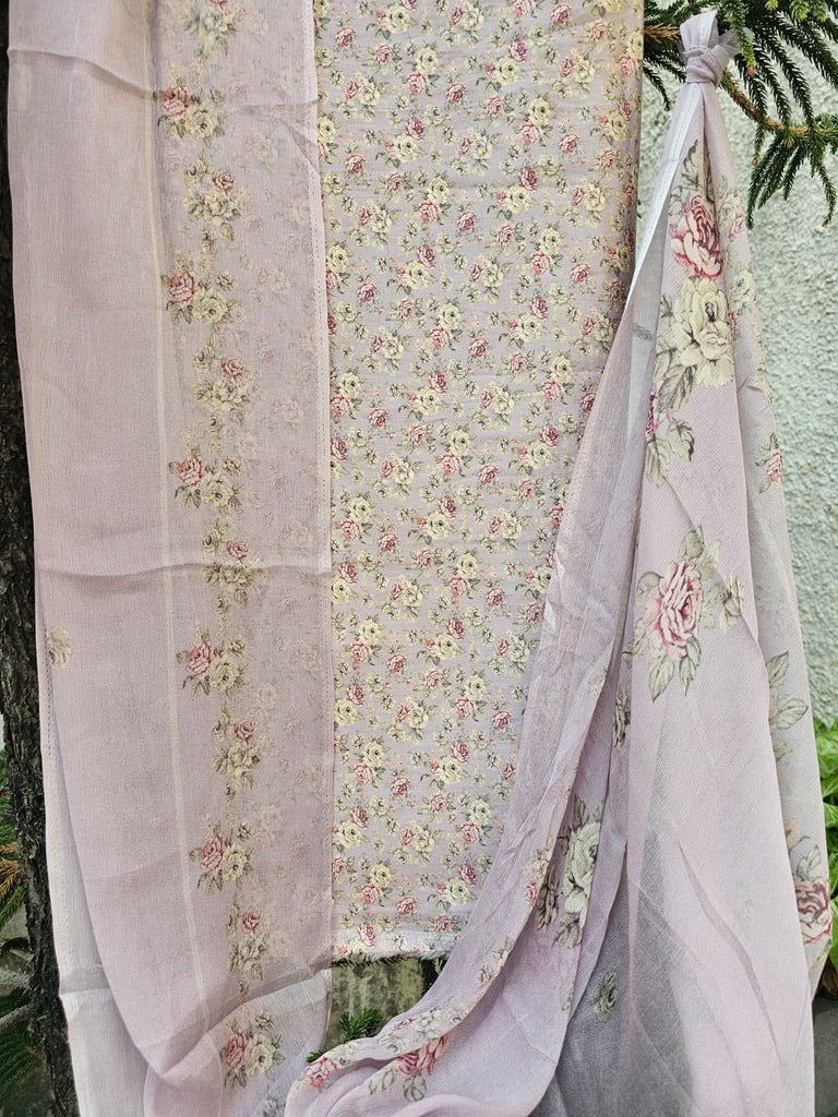 Butter Cotton Printed Unstitched Suit Set in Shade of Lavender