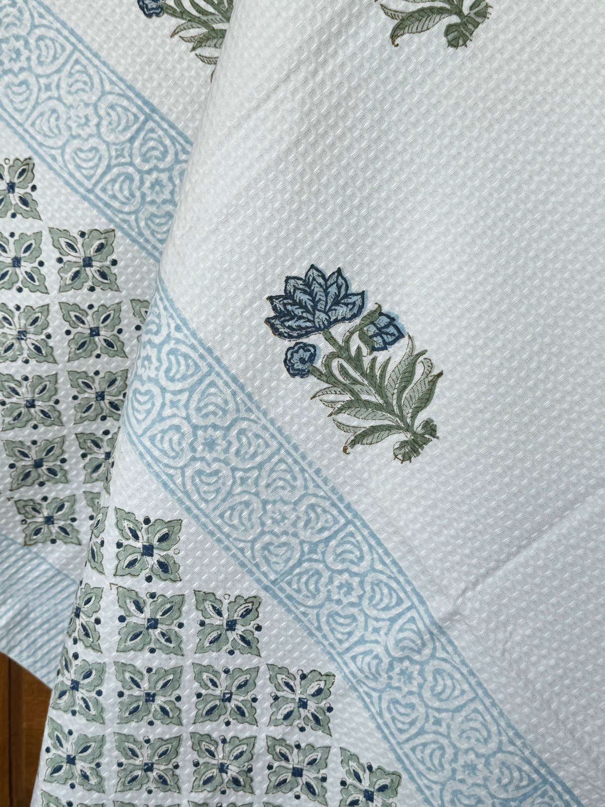 Elegant Blue Blockprint Cotton Towel- Waffle Weave