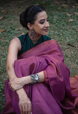 Handloom Tissue Linen Saree in Dual Shade Plum and Copper