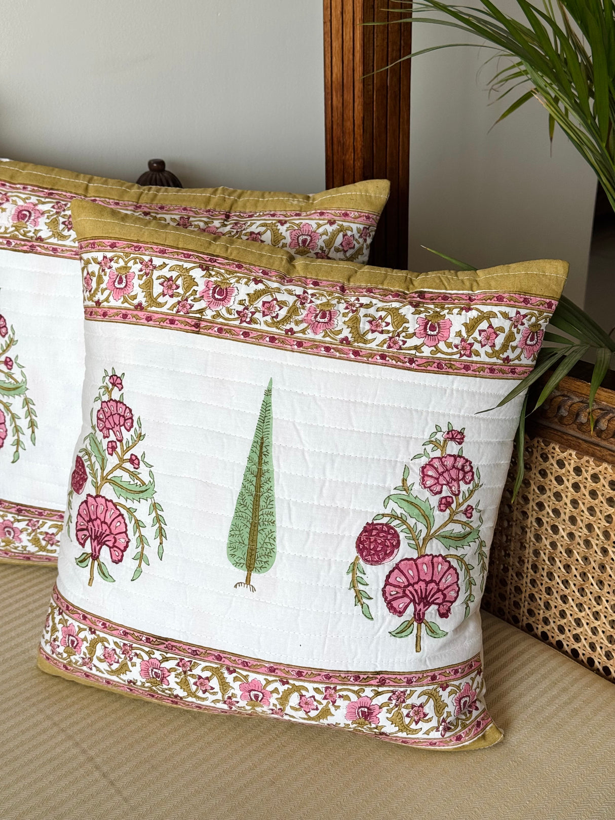 Pair of Quilted Handblock Printed Cushion Covers- 16*16 inches