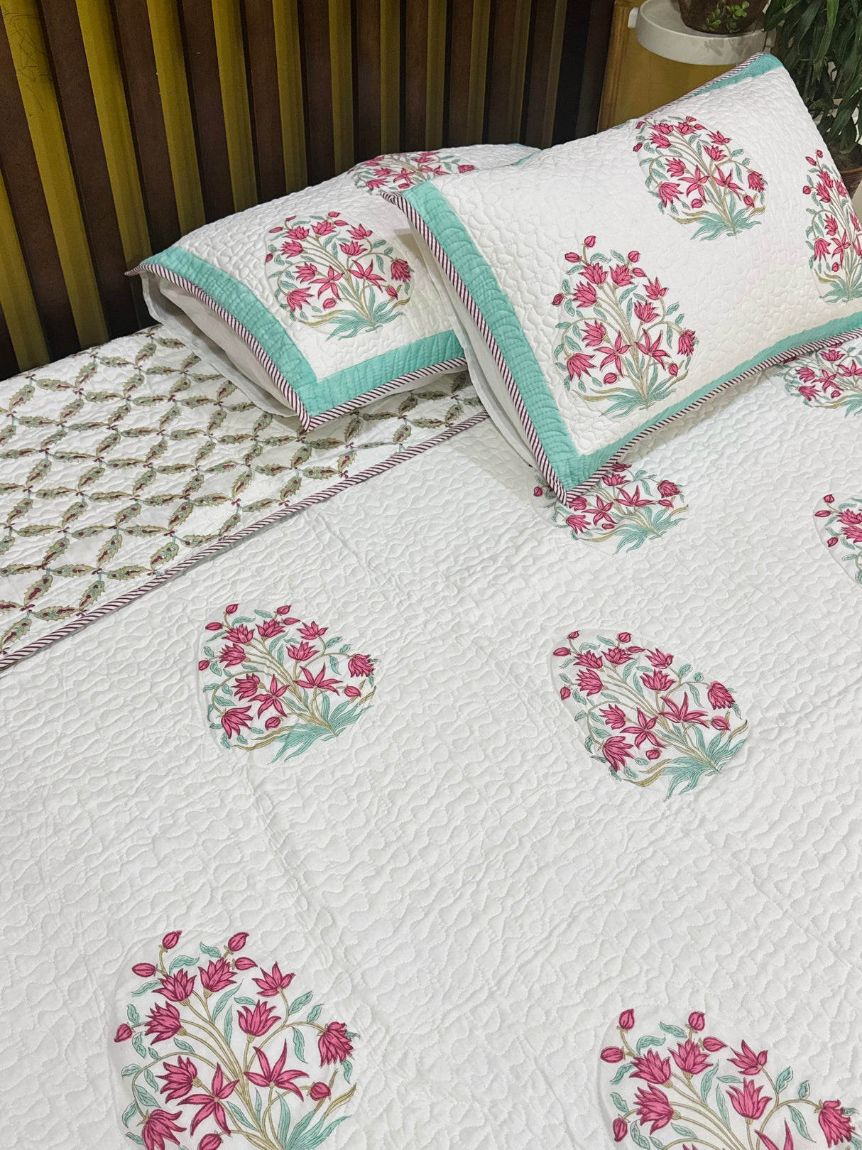 Double Size Quilted Blockprint REVERSIBLE Mulmul Bedcover (90*108 inches)