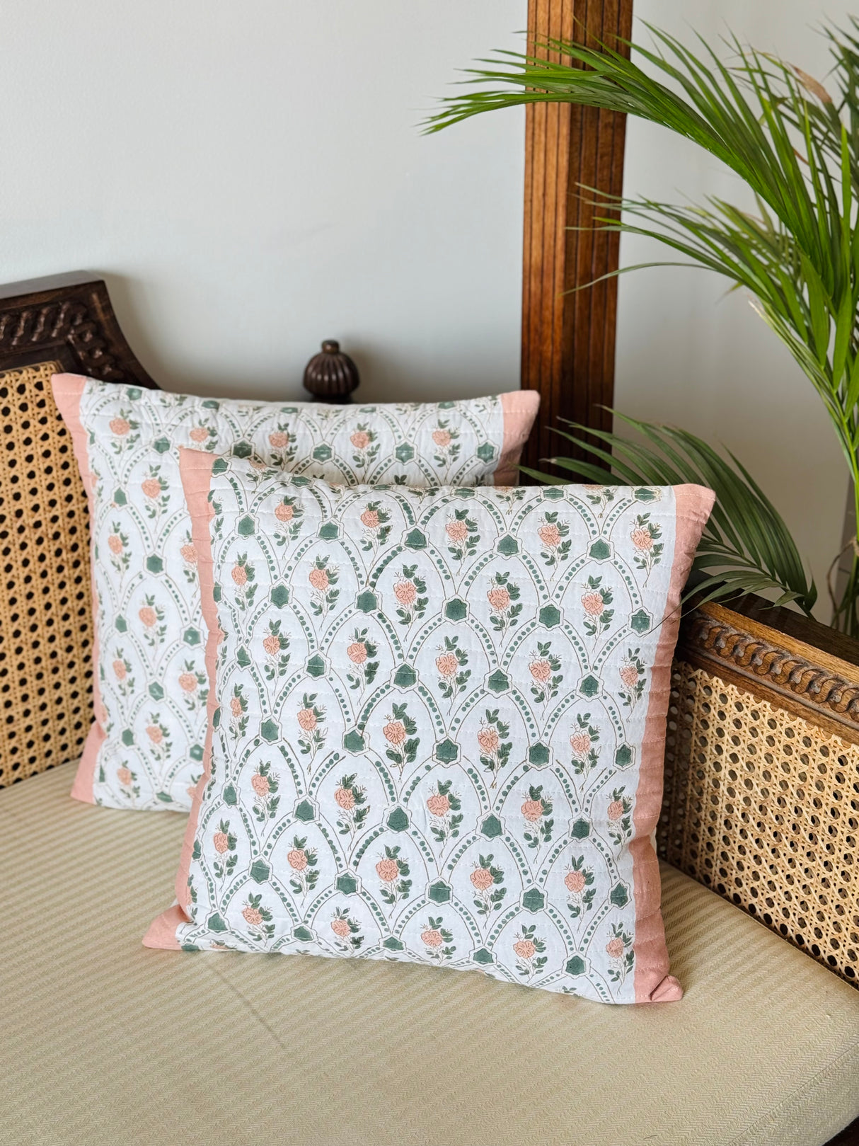 Pair of Quilted Handblock Printed Cushion Covers- 16*16 inches