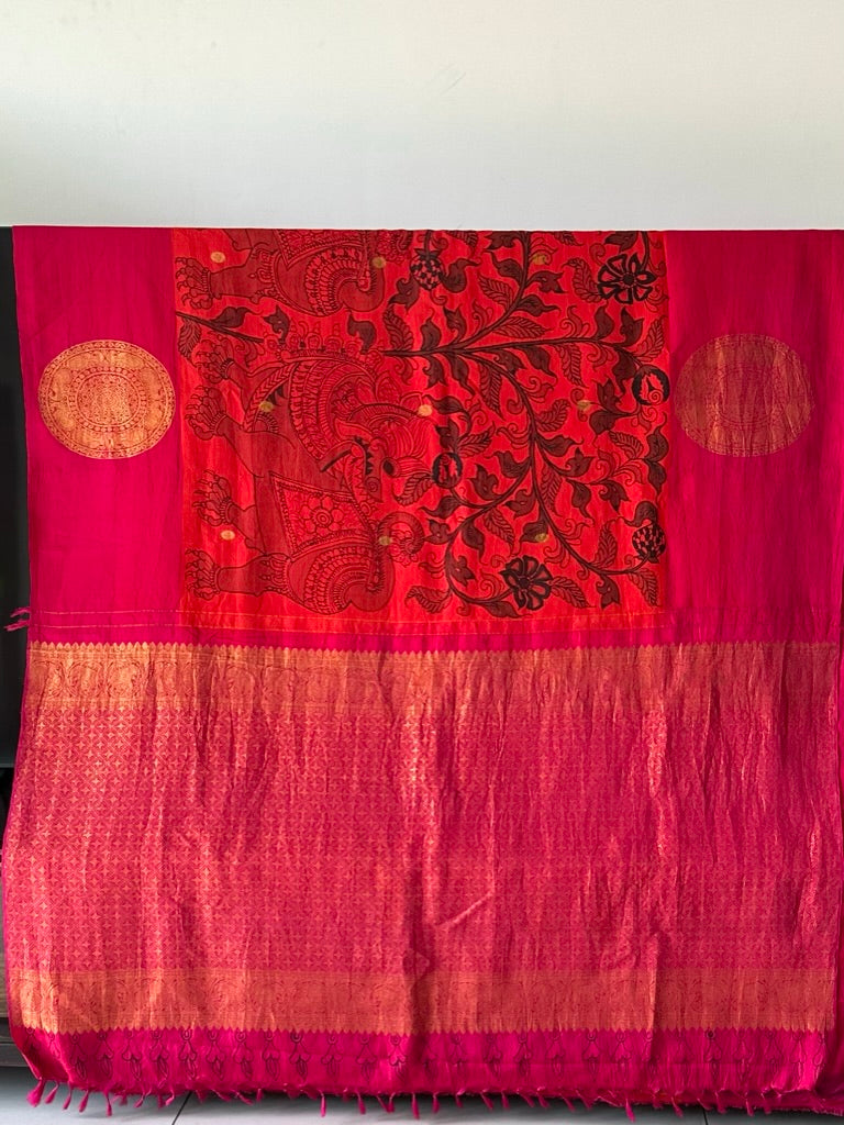 Orange Base and Rani Pink Border Yali Theme Pure Silk Kanchipattu Kalamkari Saree