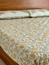 Charming Botanical Blockprint Cotton Bedsheet - Light Brown Base Color