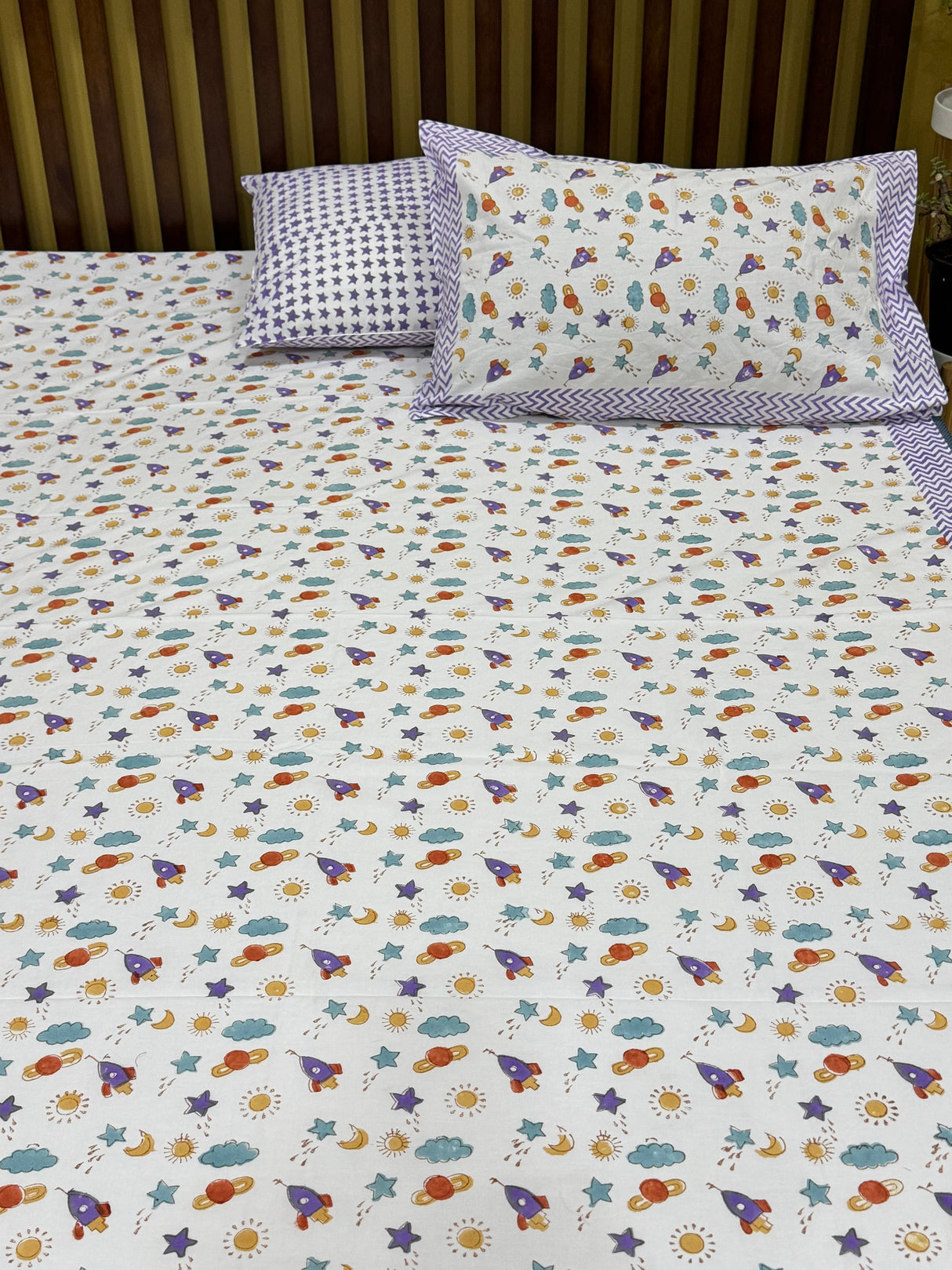 Space Theme Blockprint Cotton Bedsheet