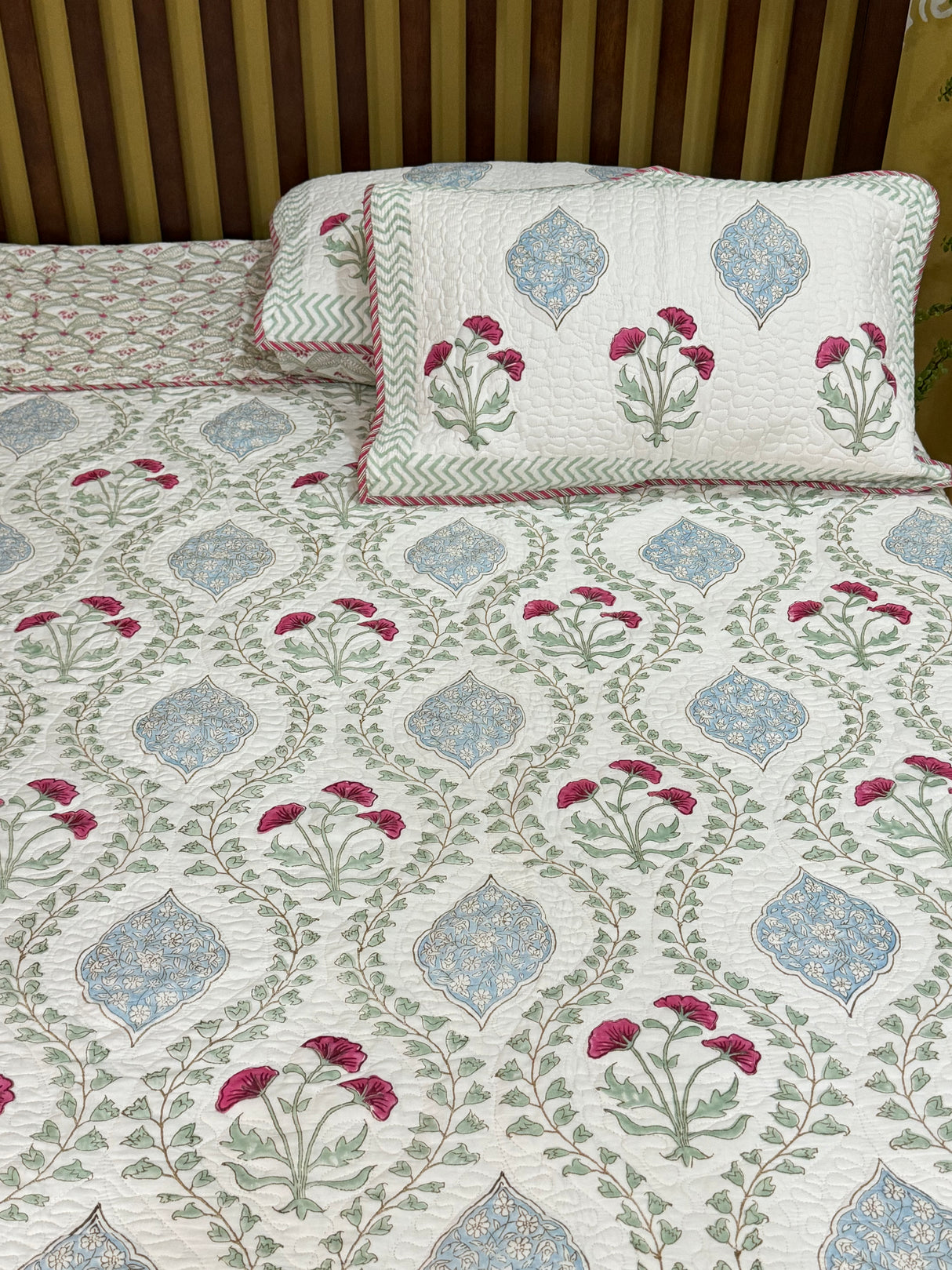 KING Size Quilted Blockprint REVERSIBLE Mulmul Bedcover (108*108 inches)