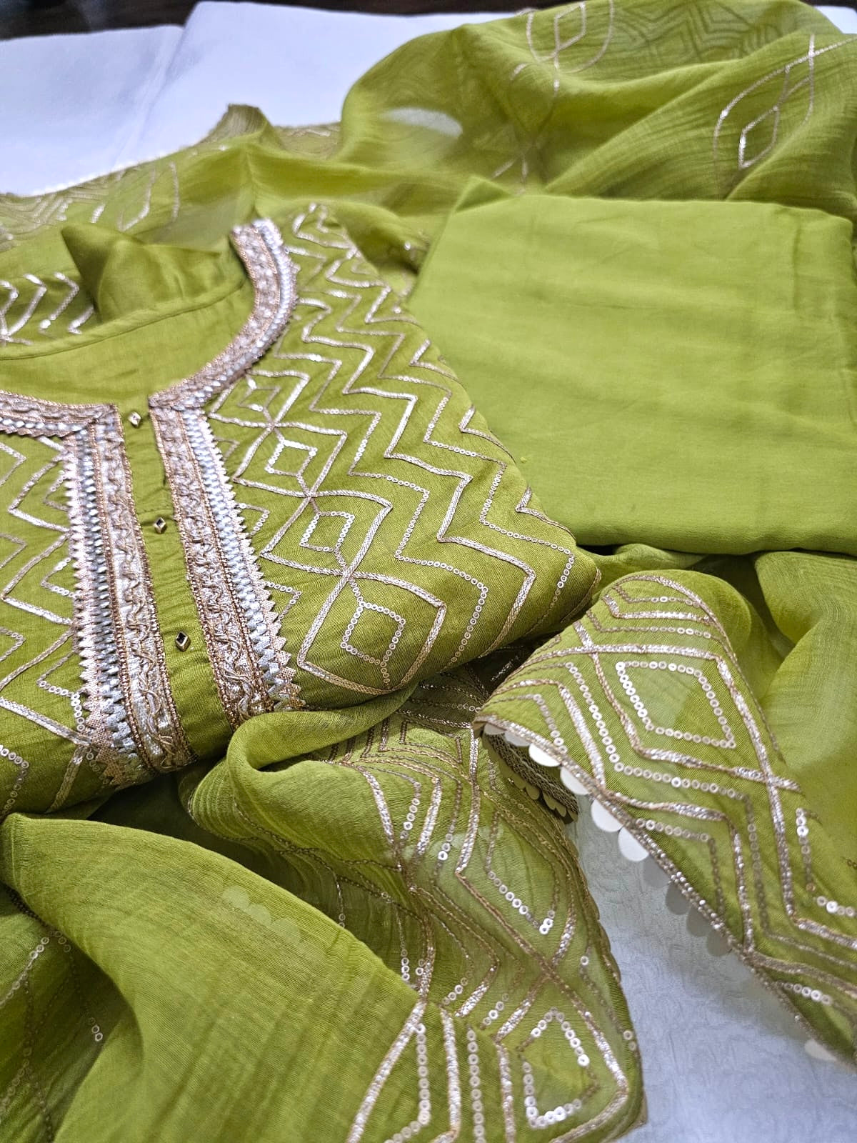 Festive 3 Piece Semi Stitched Suit Set with Gota work in Green Colour