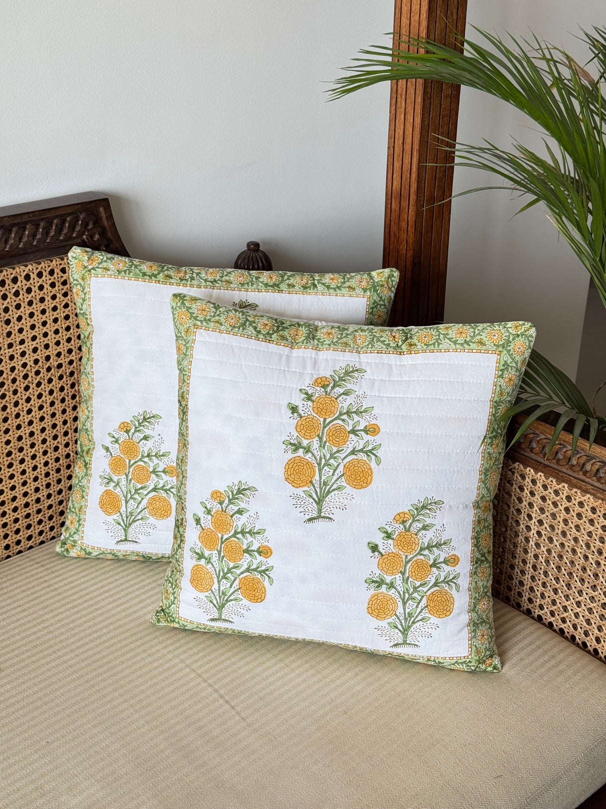 Pair of Quilted Handblock Printed Cushion Covers- 16*16 inches