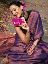 Handloom Tissue Linen Saree in Dual Shade Purple and Copper