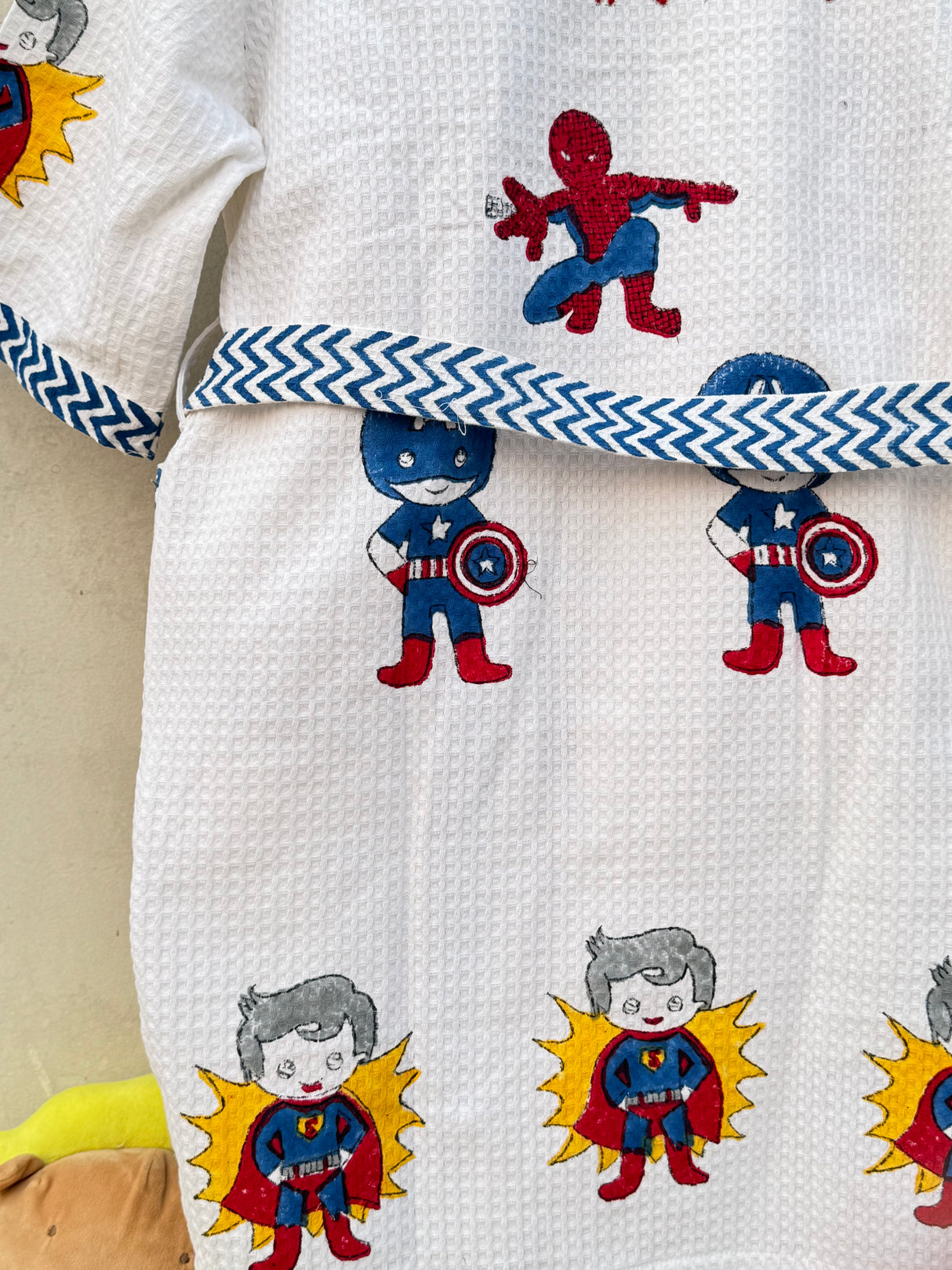 Super Hero Kids Bathrobe-Cotton Waffle Blockprint