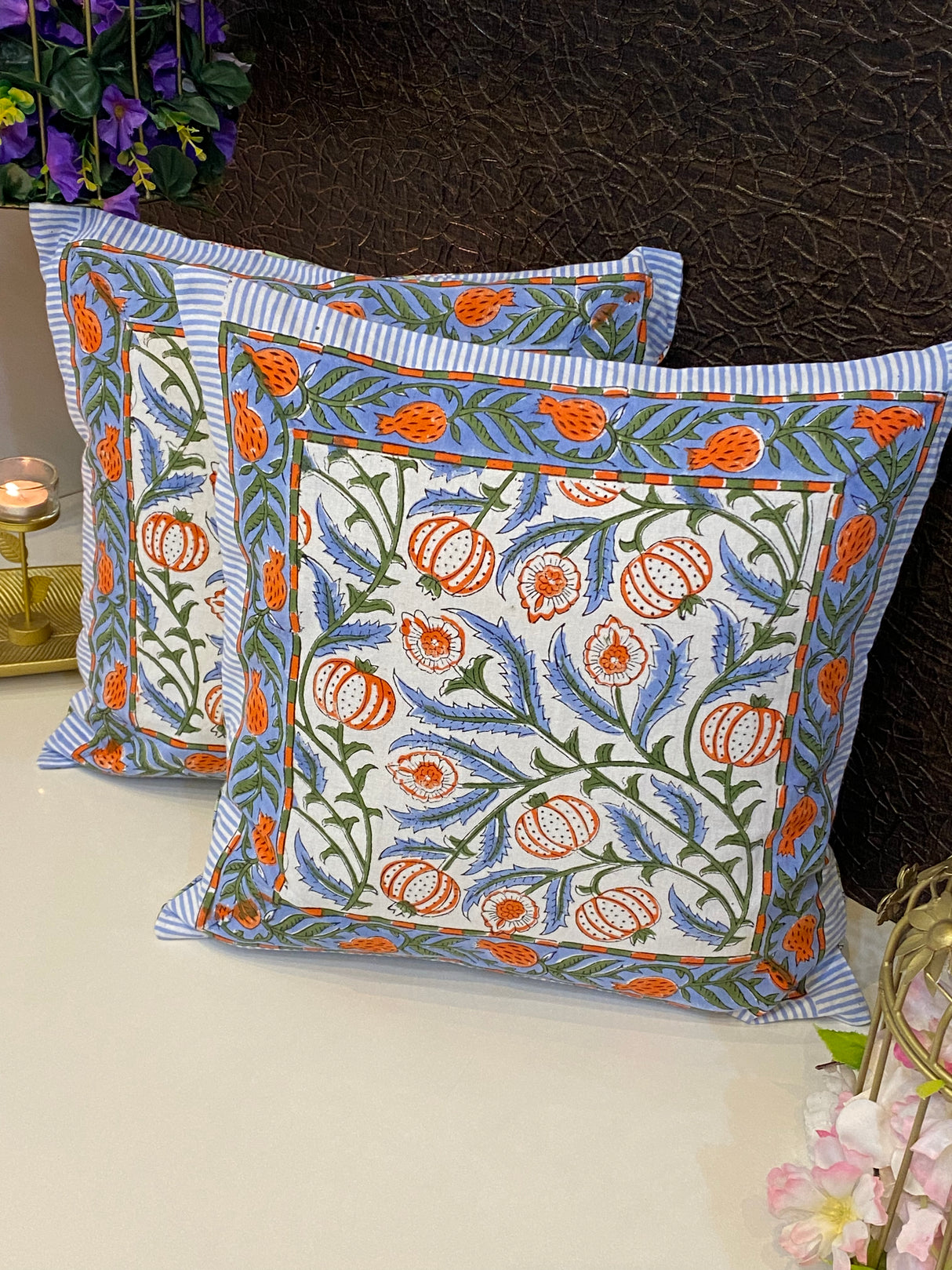 Pair of Handblock Printed Cushion Covers- 16*16 inches