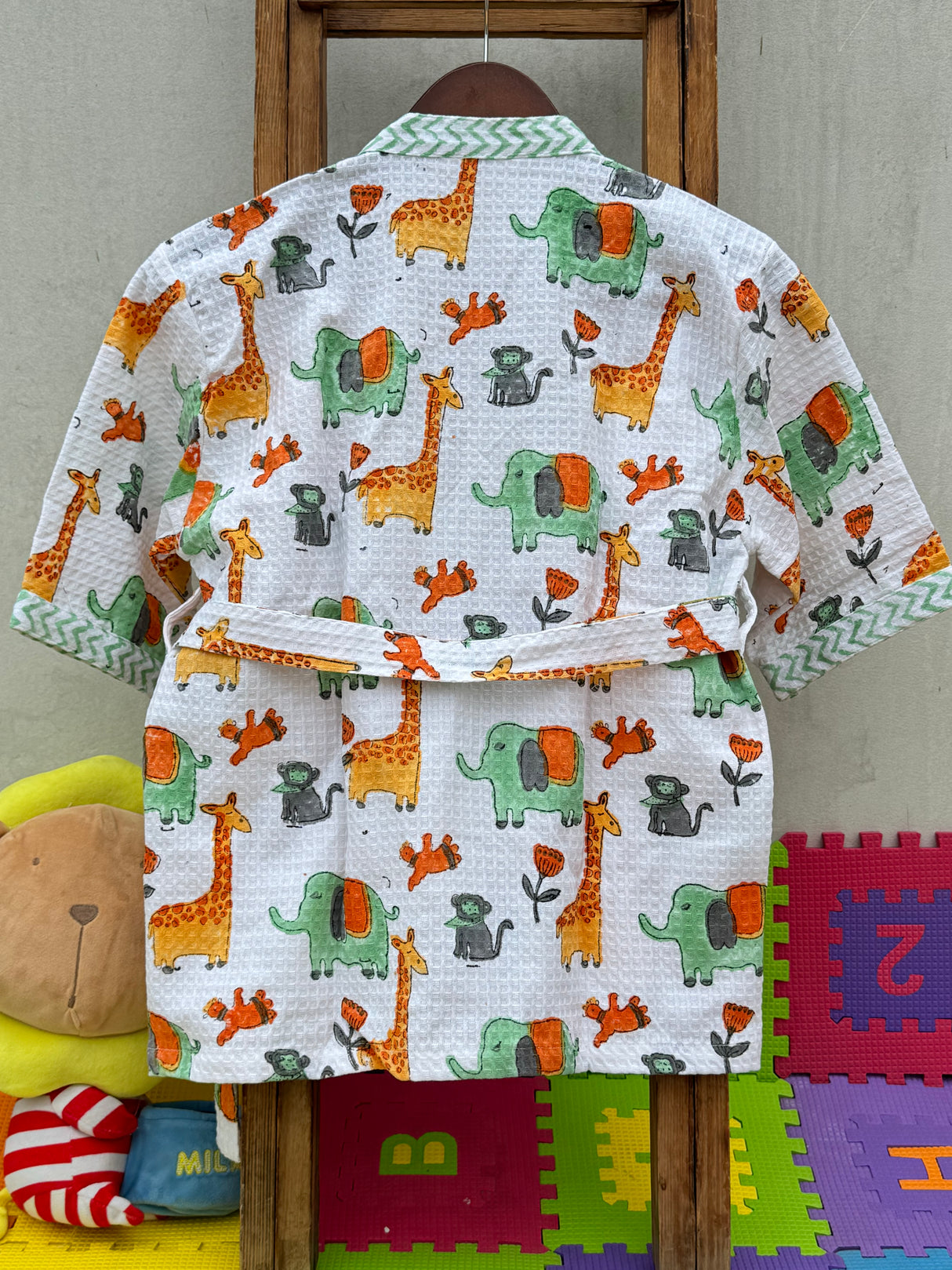 Jungle Kids Bathrobe-Cotton Waffle Blockprint