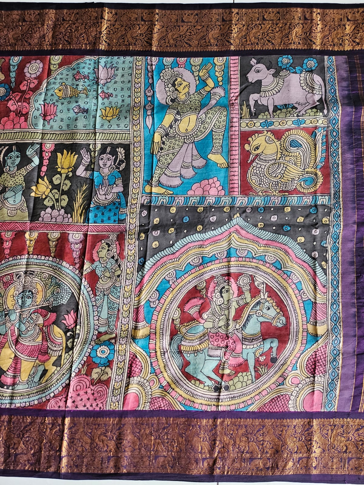 Indian Mythological Theme(Dashavtara) Pure Kanjeevaram Silk Kalamkari Saree