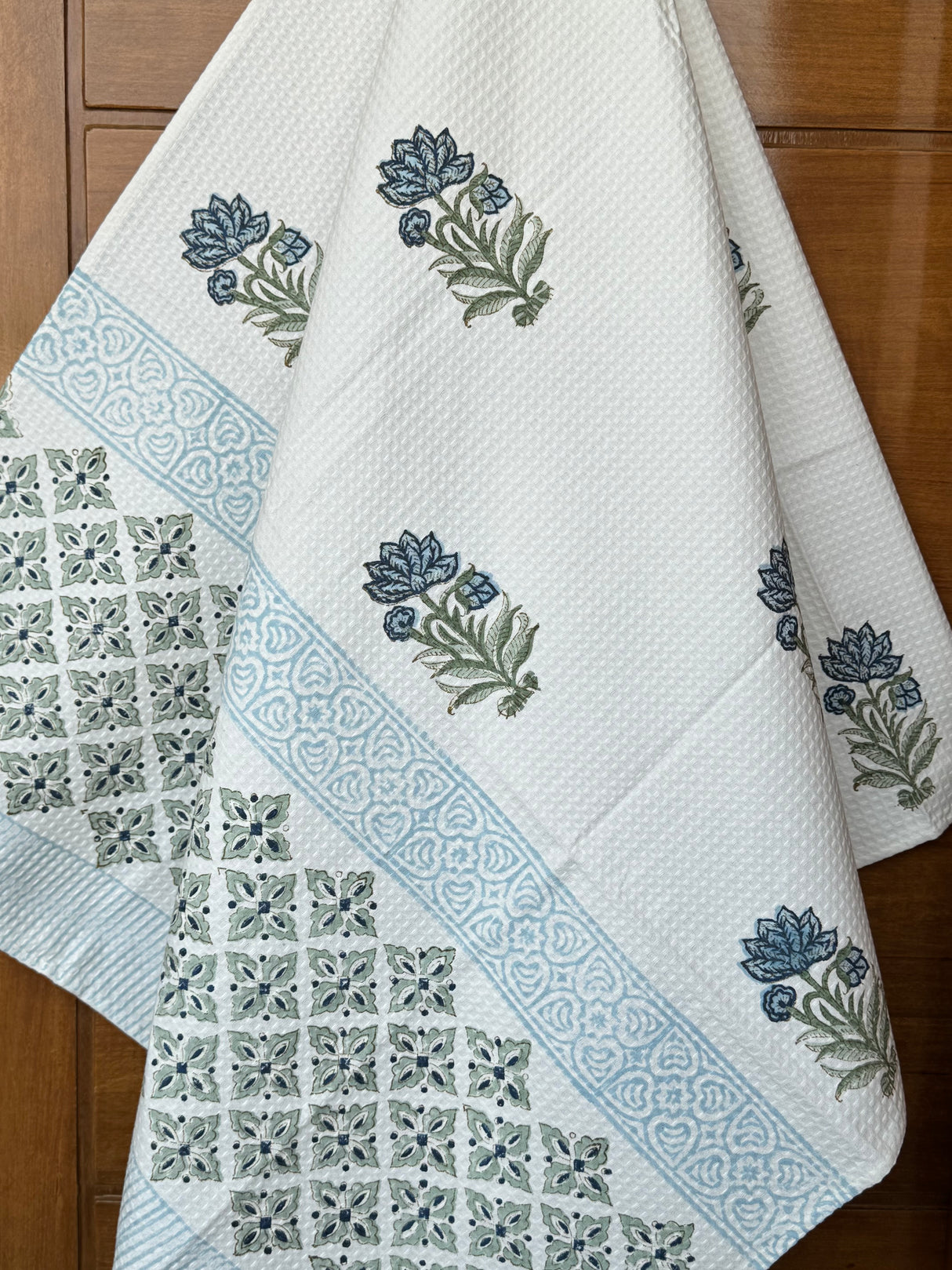 Elegant Blue Blockprint Cotton Towel- Waffle Weave