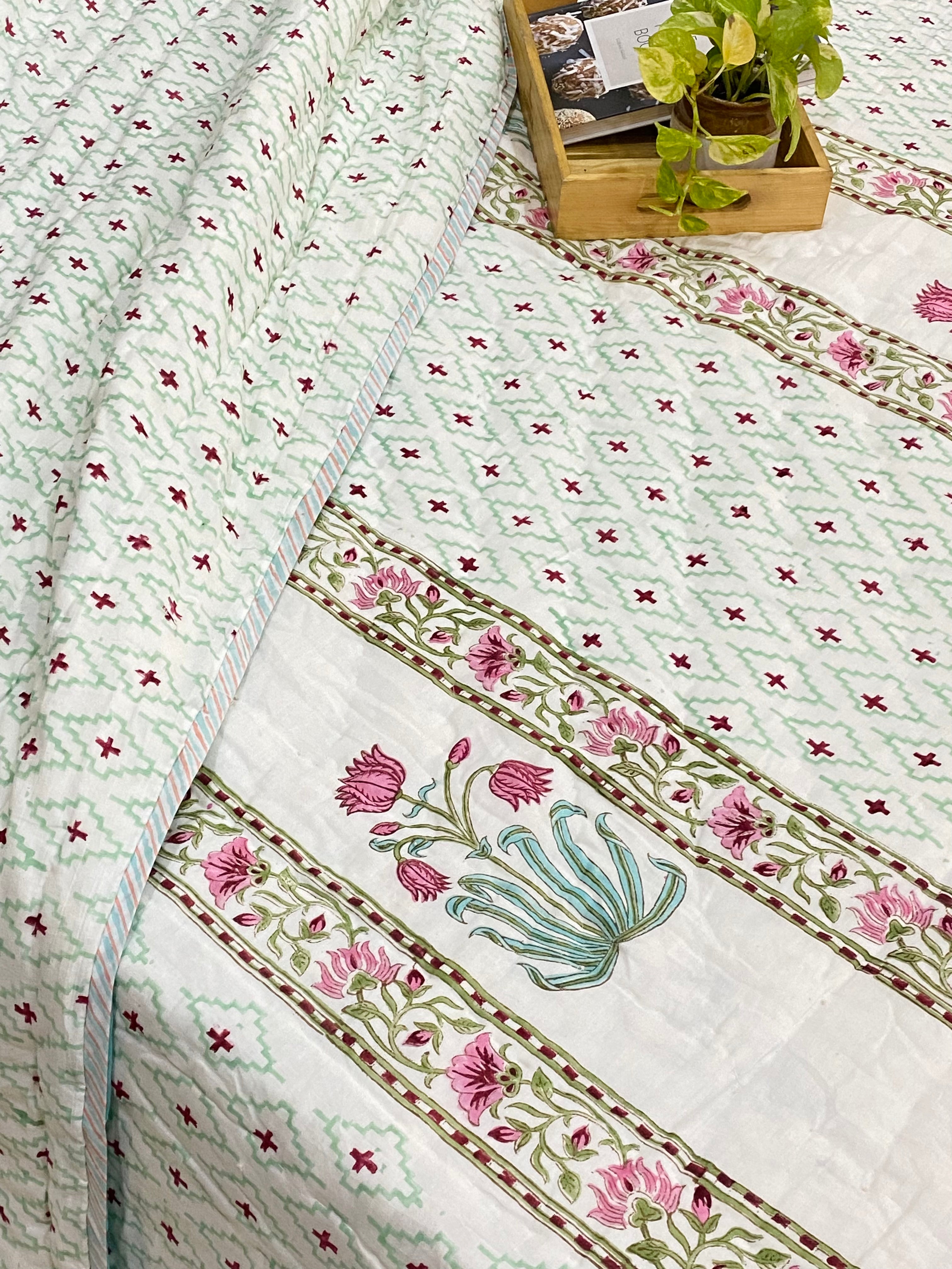Blockprint Mulmul Reversible Quilt- King Size (108*108 inches)