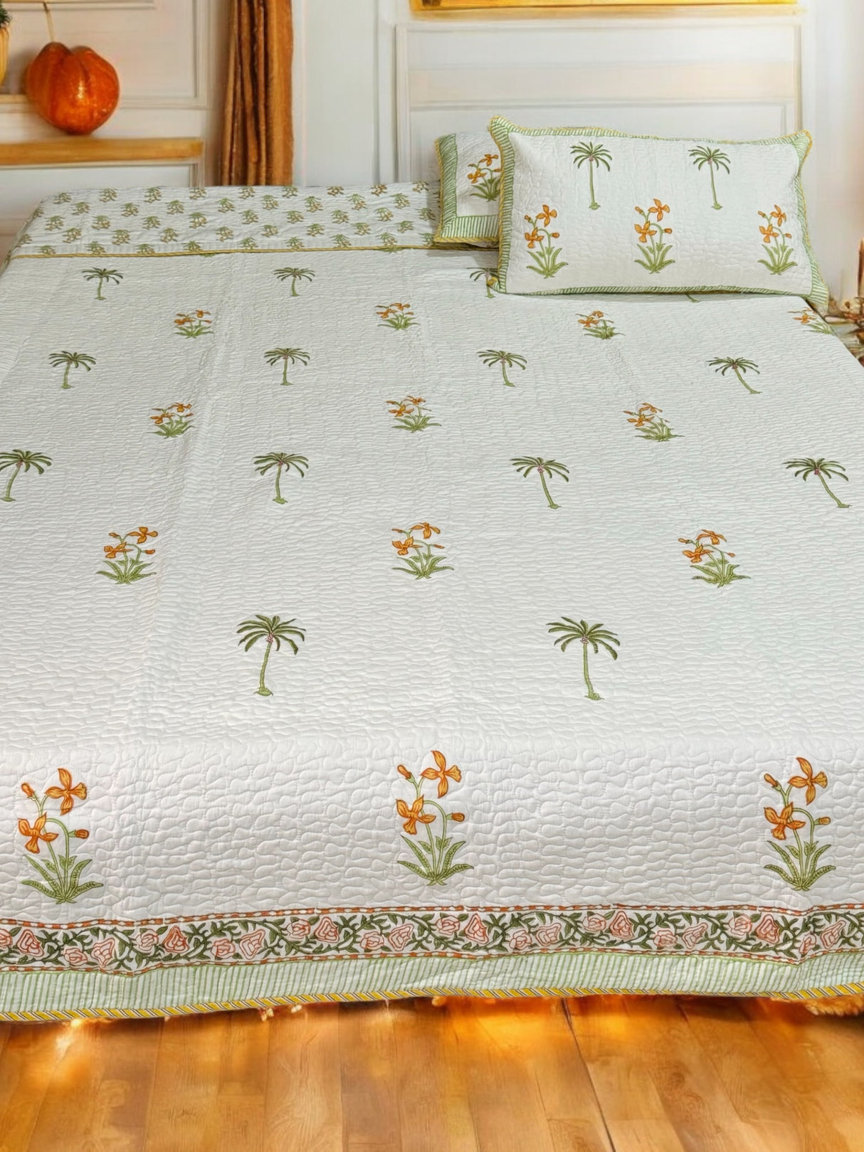 KING Size Quilted Blockprint REVERSIBLE Mulmul Bedcover (108*108 inches)