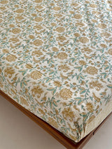 Charming Botanical Blockprint Cotton Bedsheet - Light Brown Base Color