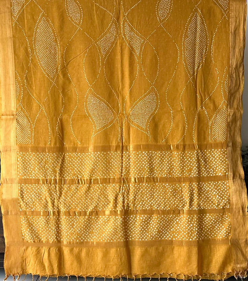 Yellow Ocre Half and Half Mangalagiri Cotton Bandhani Saree