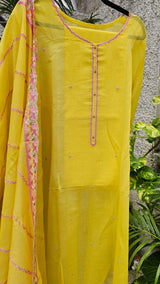 Lovely Yellow 3-pc Chanderi Mulmul Semi Stitched Suit Set