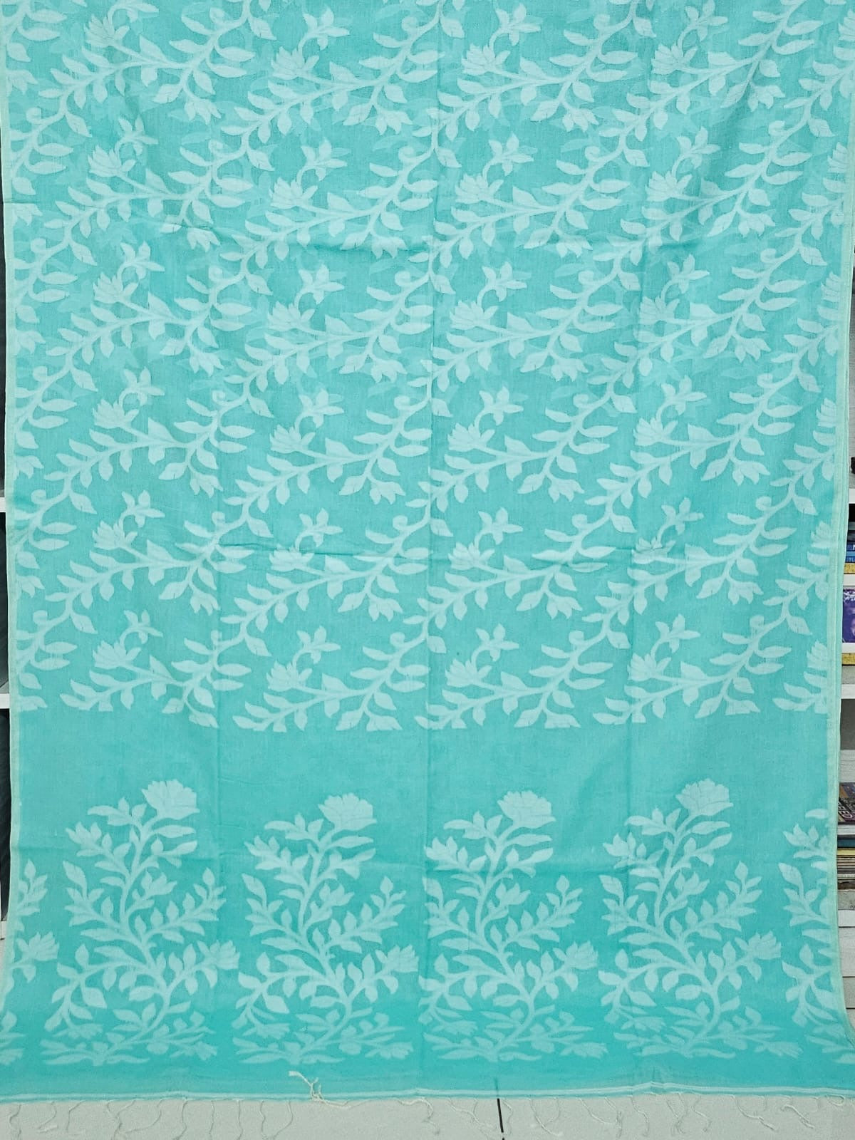 Turquoise Floral Cotton Saree made on Jacquard Loom