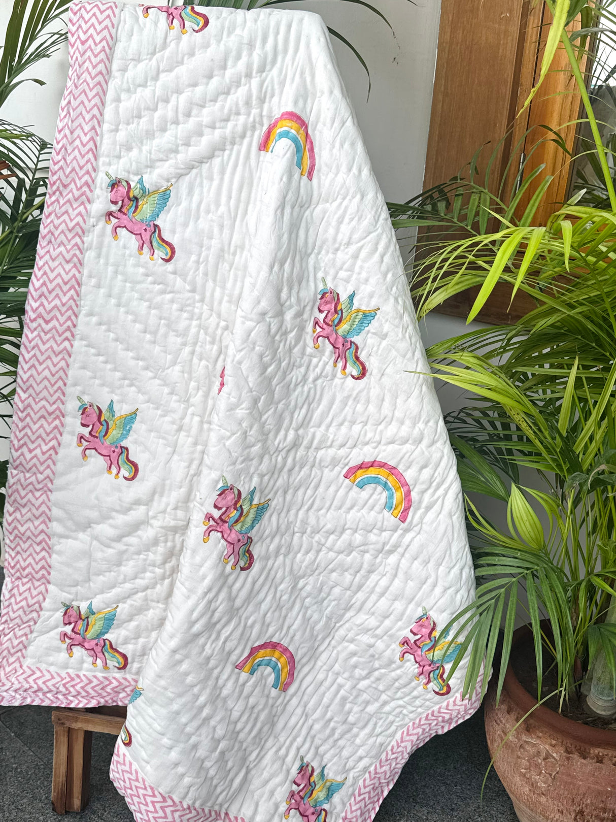 Unicorn Hand Block Printed Cotton Reversible Kids Quilt