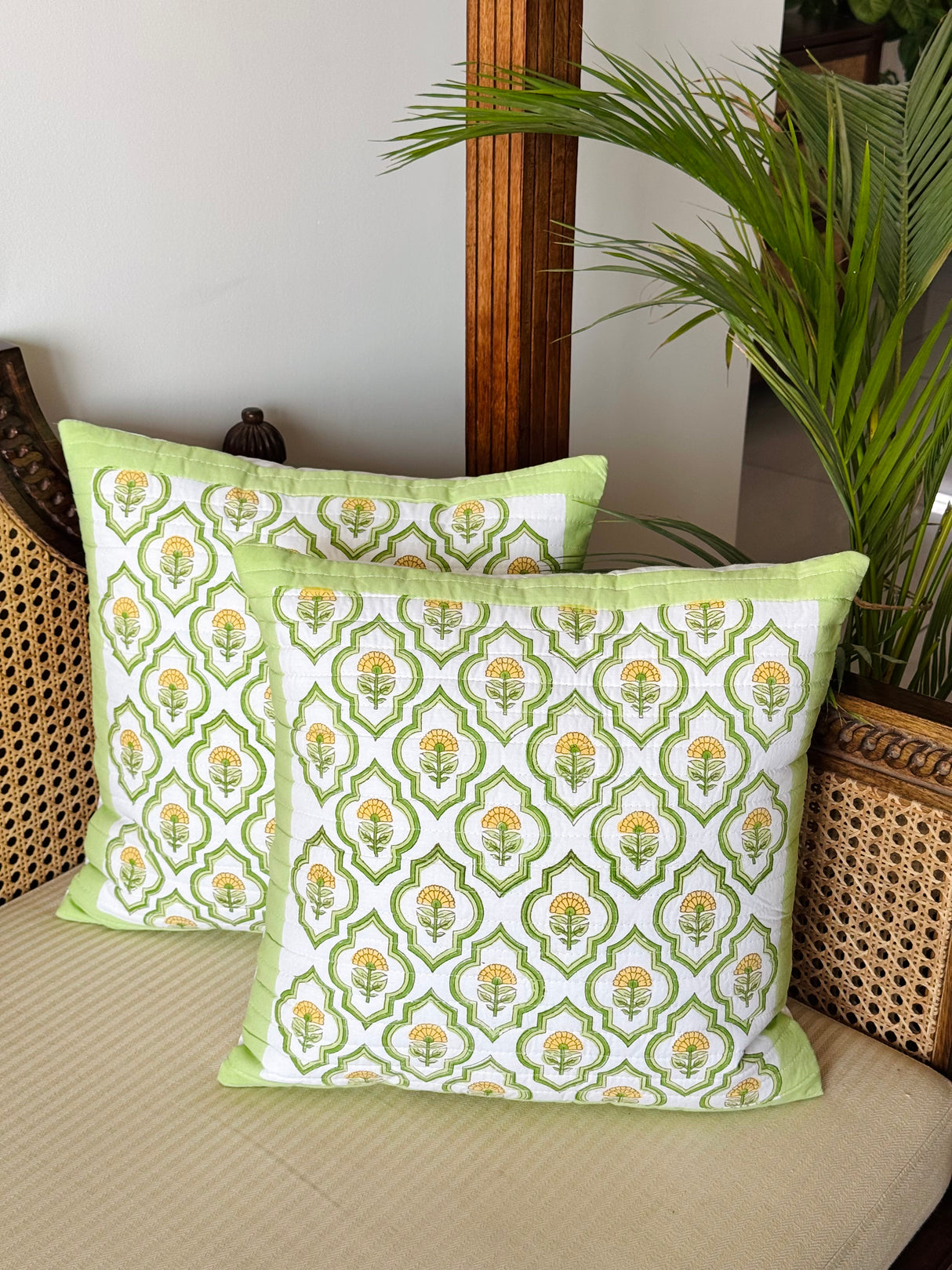 Pair of Quilted Handblock Printed Cushion Covers- 16*16 inches