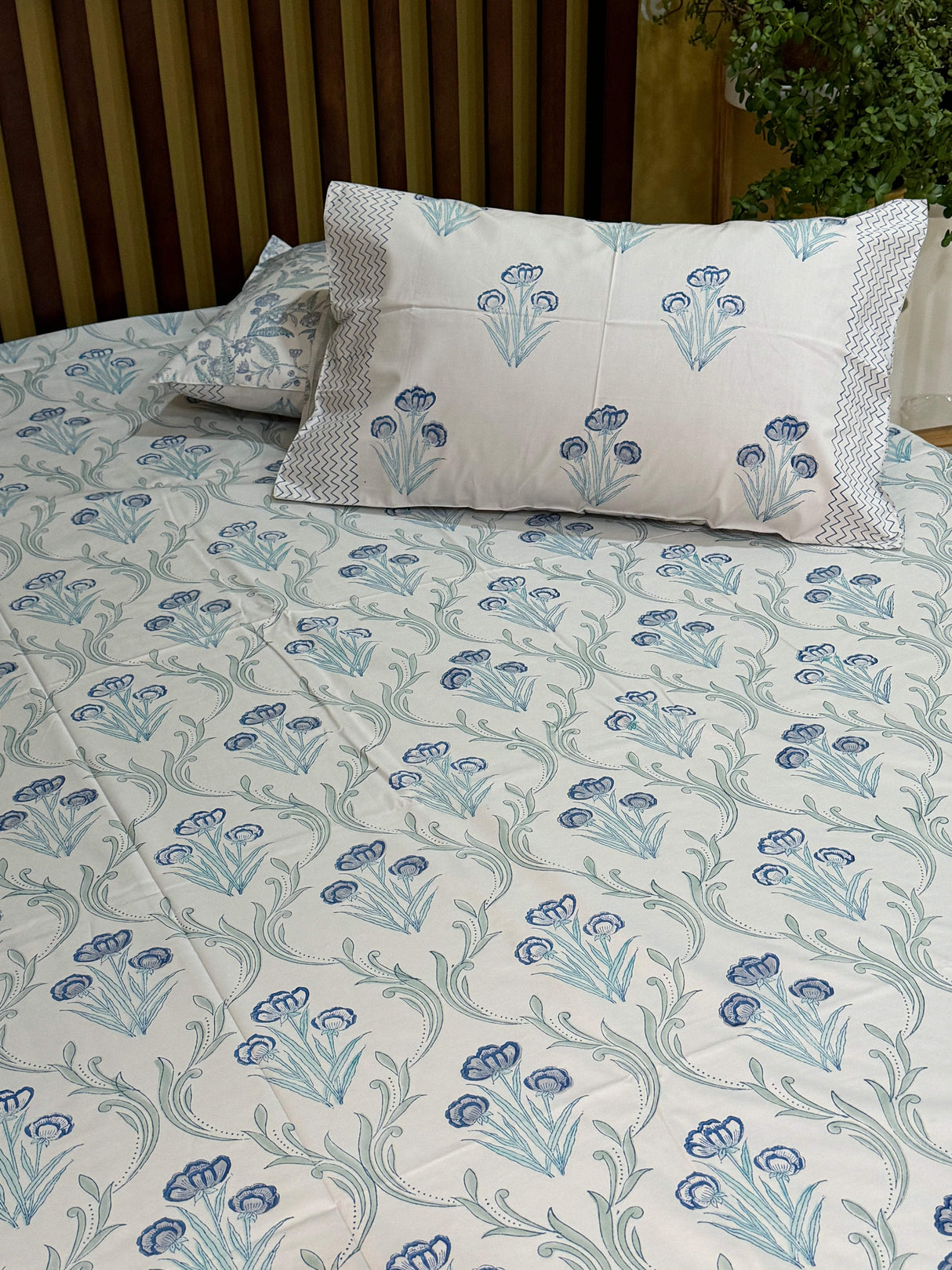 Blockprint Cotton Bedsheet- Light Blue Base Color