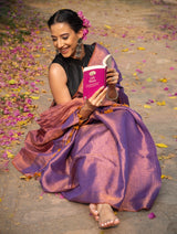 Handloom Tissue Linen Saree in Dual Shade Purple and Copper