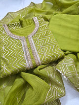 Festive 3 Piece Semi Stitched Suit Set with Gota work in Green Colour