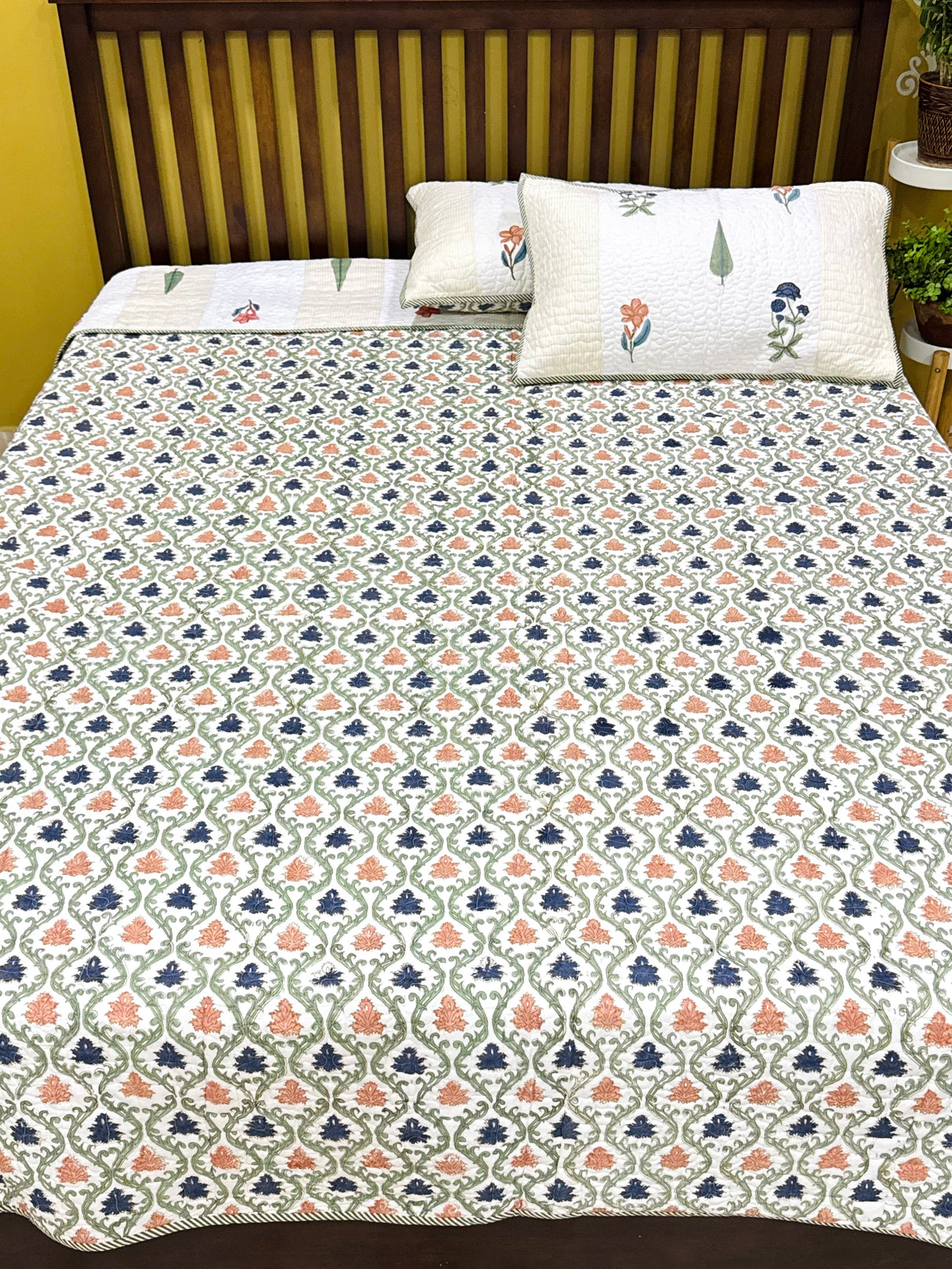 Double Size Quilted Blockprint REVERSIBLE Mulmul Bedcover (90*108 inches)