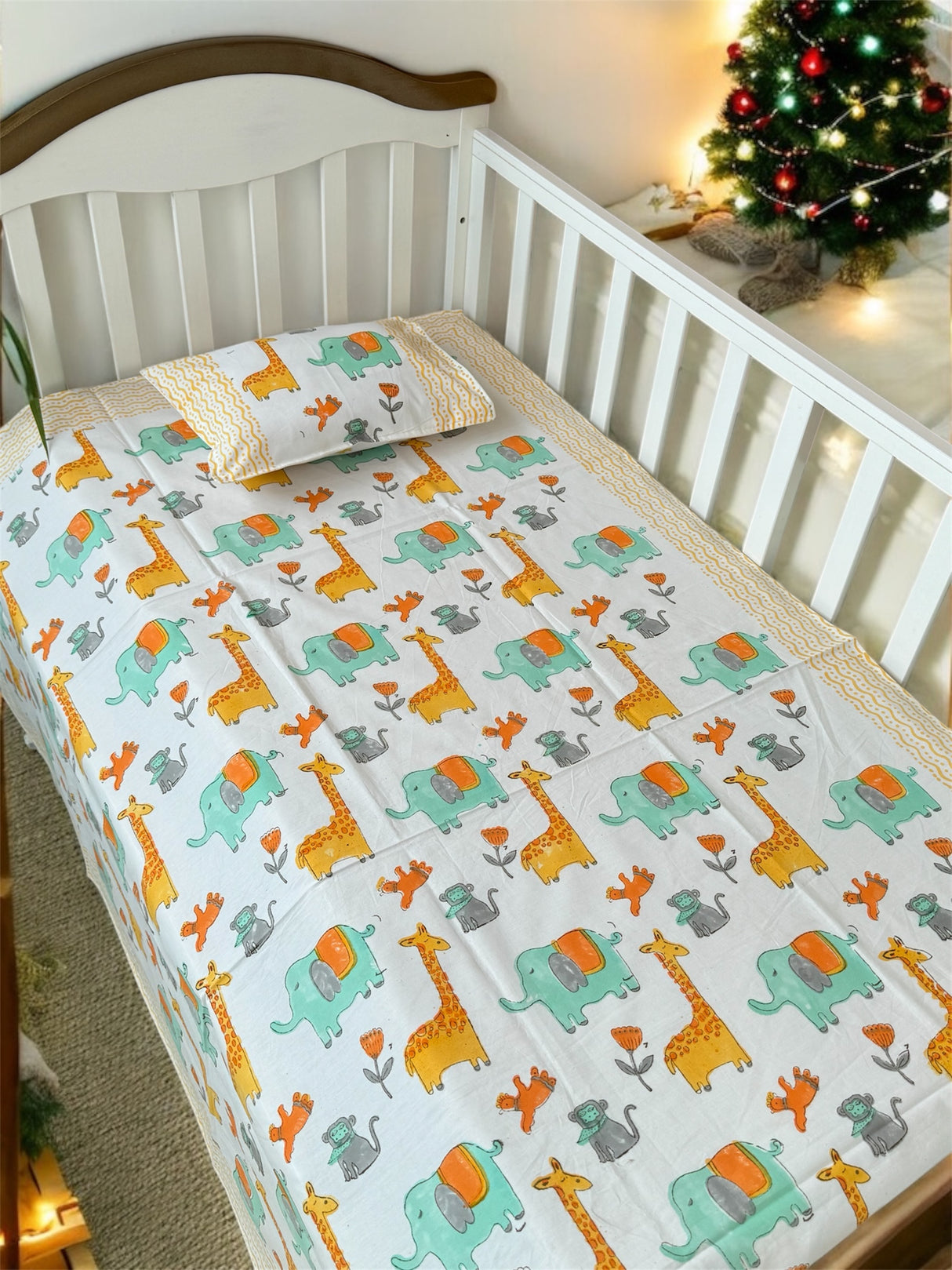 Animals Cot Set- Blockprint (1 quilt, 1 cot sheet, 1 pillow case)