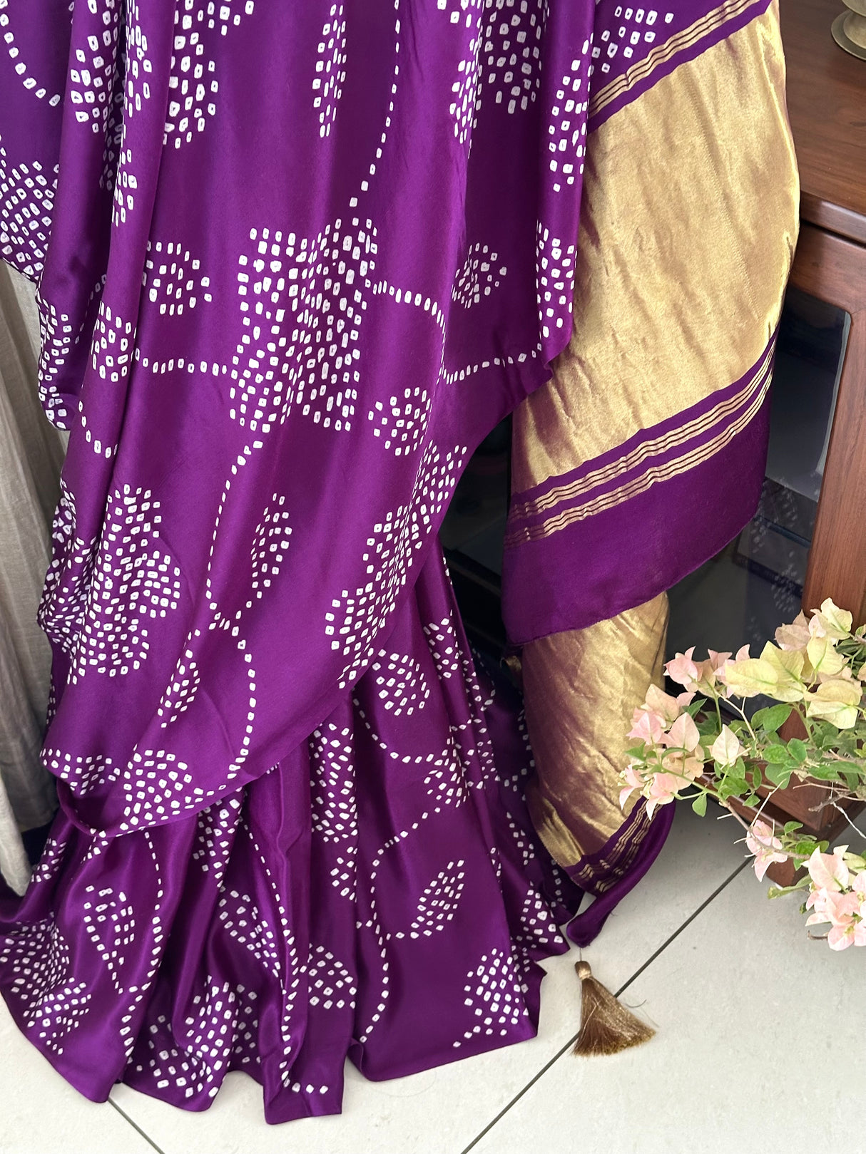 Purple Violet Floral Pure Gajji Silk Bandhani Saree