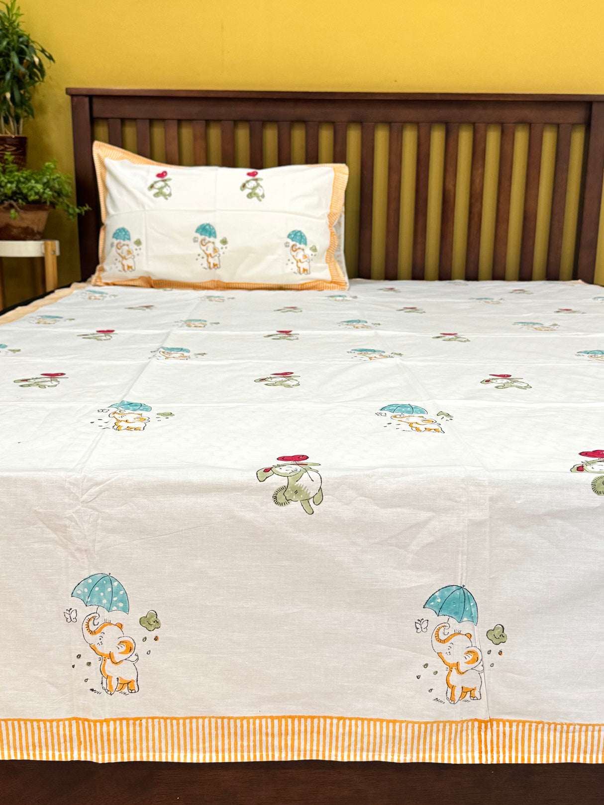 Cute Elephant Handblock Printed Kids Cotton Bedsheet