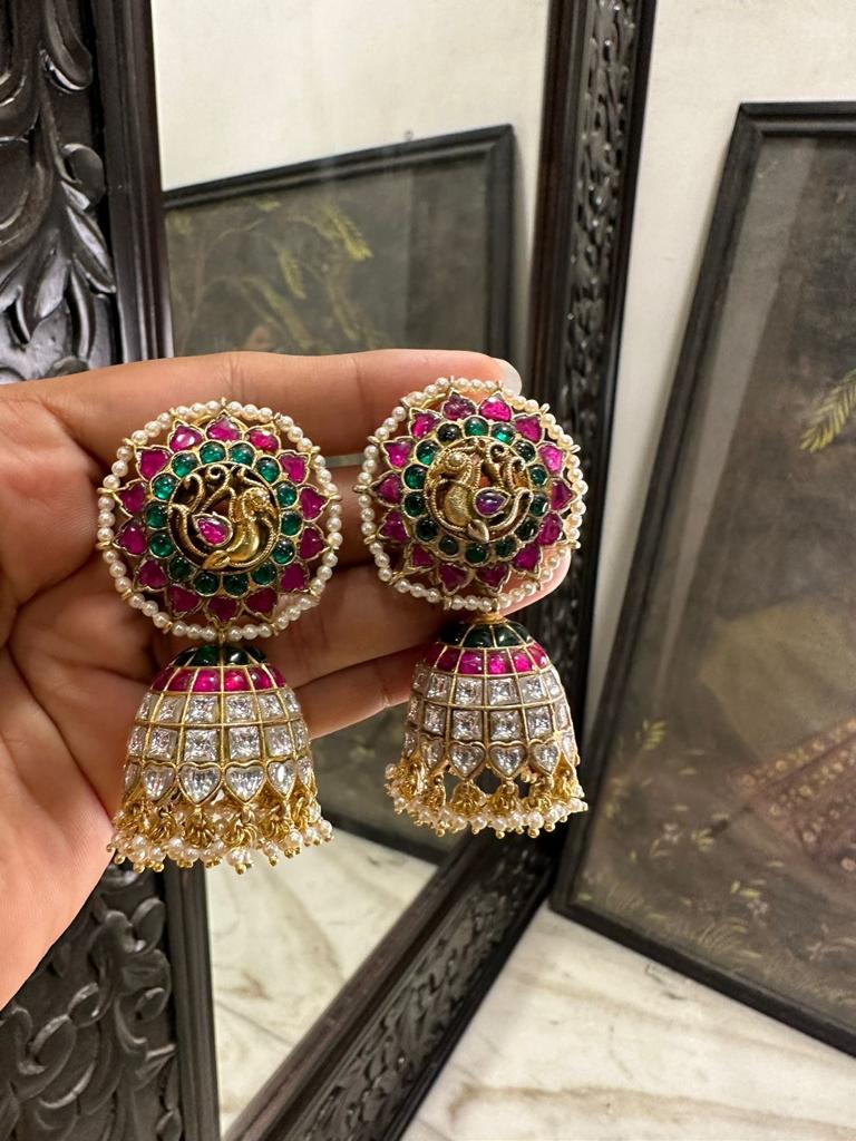 Handcrafted 92.5 Silver Kundan Jhumkis