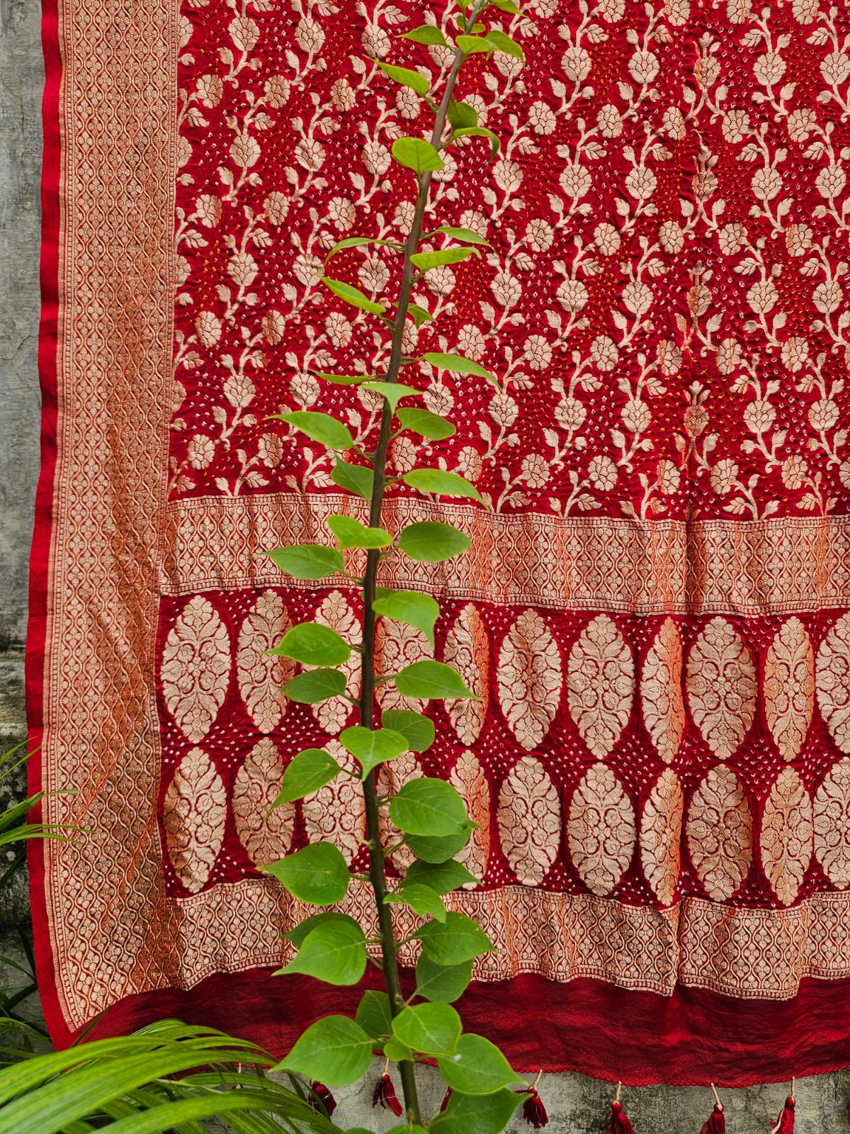 Mesmerizing Red Pure Banarsi Georgette Bandhani Lehenga