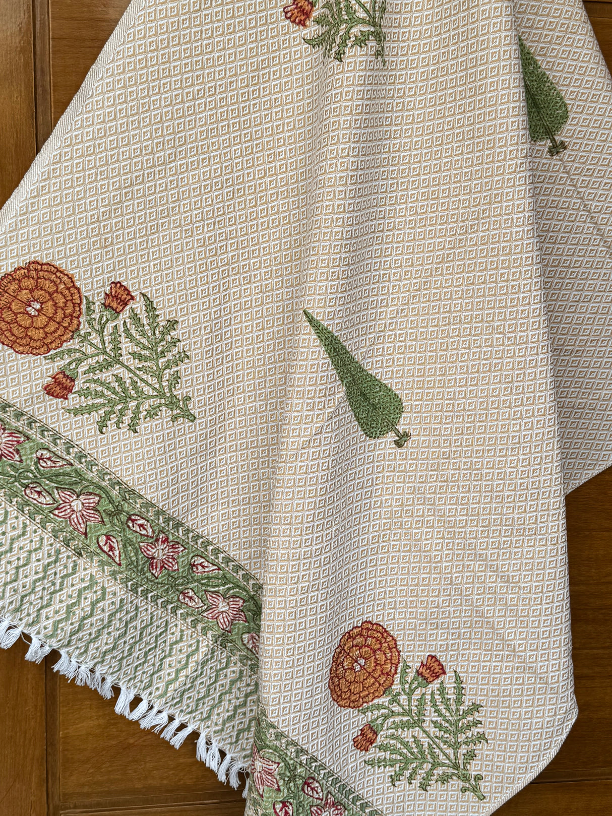 Brown Floral Blockprint Soft Cotton Towel– Cotton Jacquard Weave