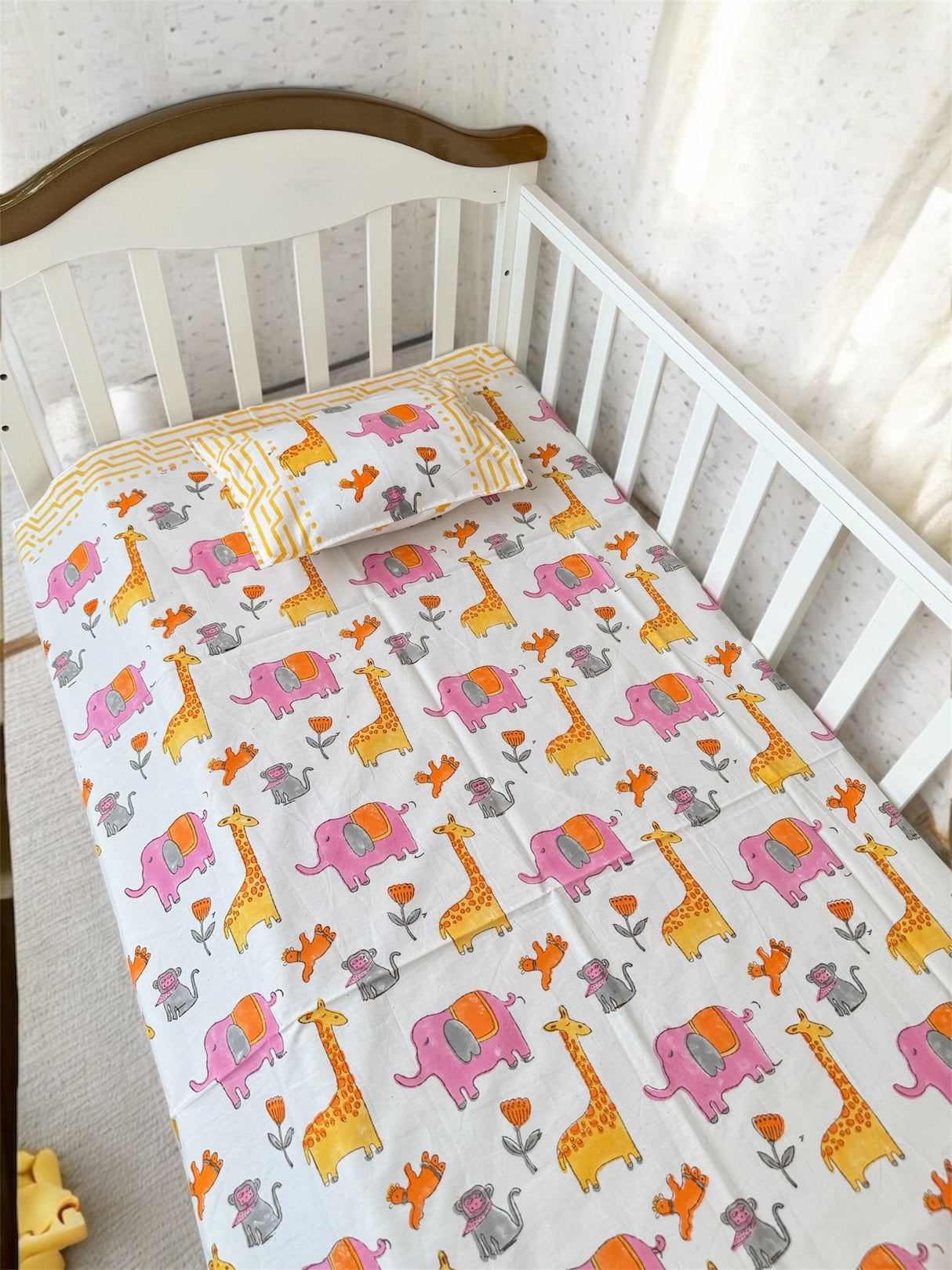 Cot Sheet- Animals Blockprint Cotton -Cot Size (60-40 inches)