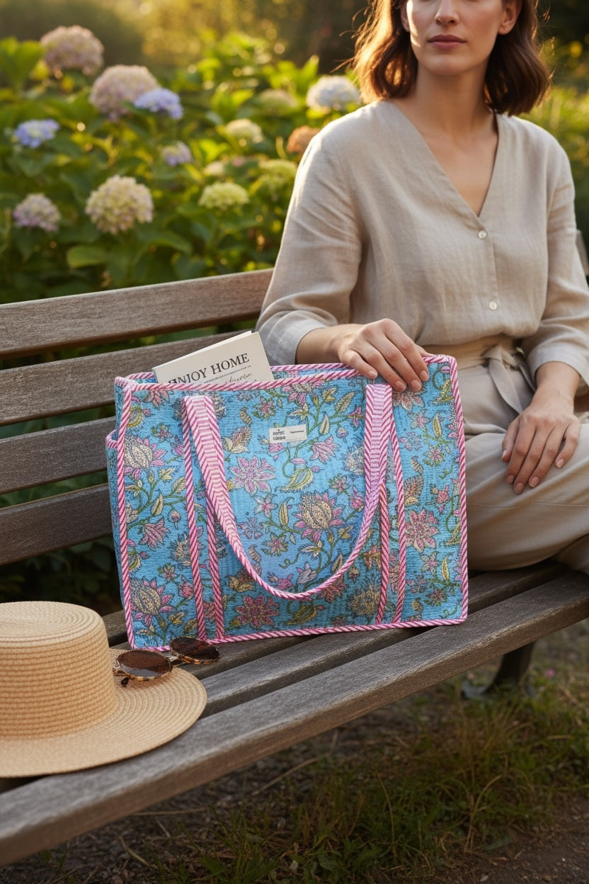 Vibrant Sky Blue & Pink Floral Block Print Handcrafted Tote Bag (with Zip Closure)