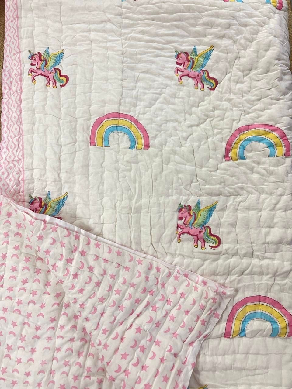Unicorn Hand Block Printed Cotton Reversible Kids Quilt