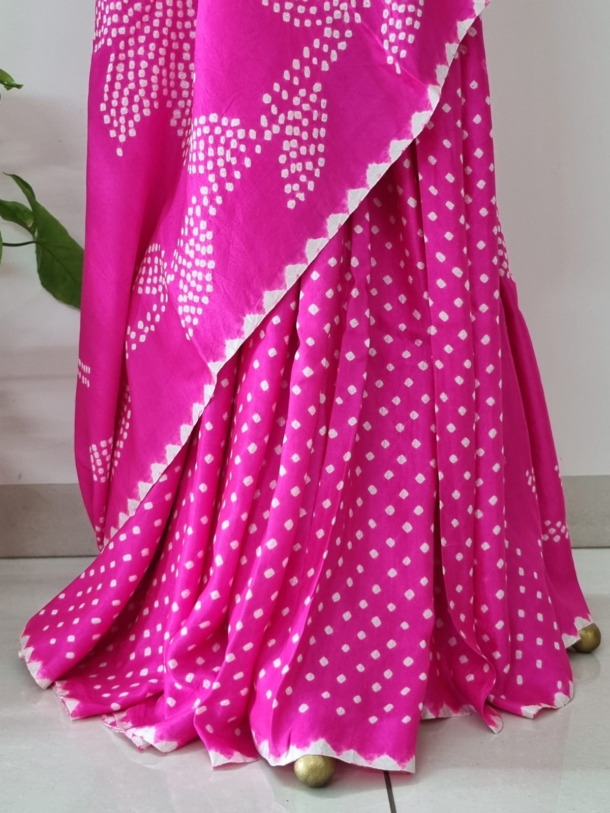 MADE TO ORDER - Rani Pink Pure Gajji Silk Half And Half Bandhani Saree