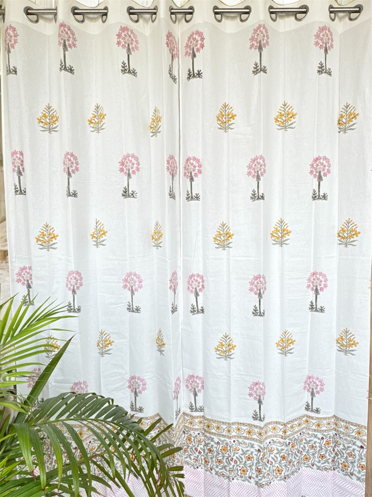 Pretty Pink Yellow Blockprint Cotton Curtain