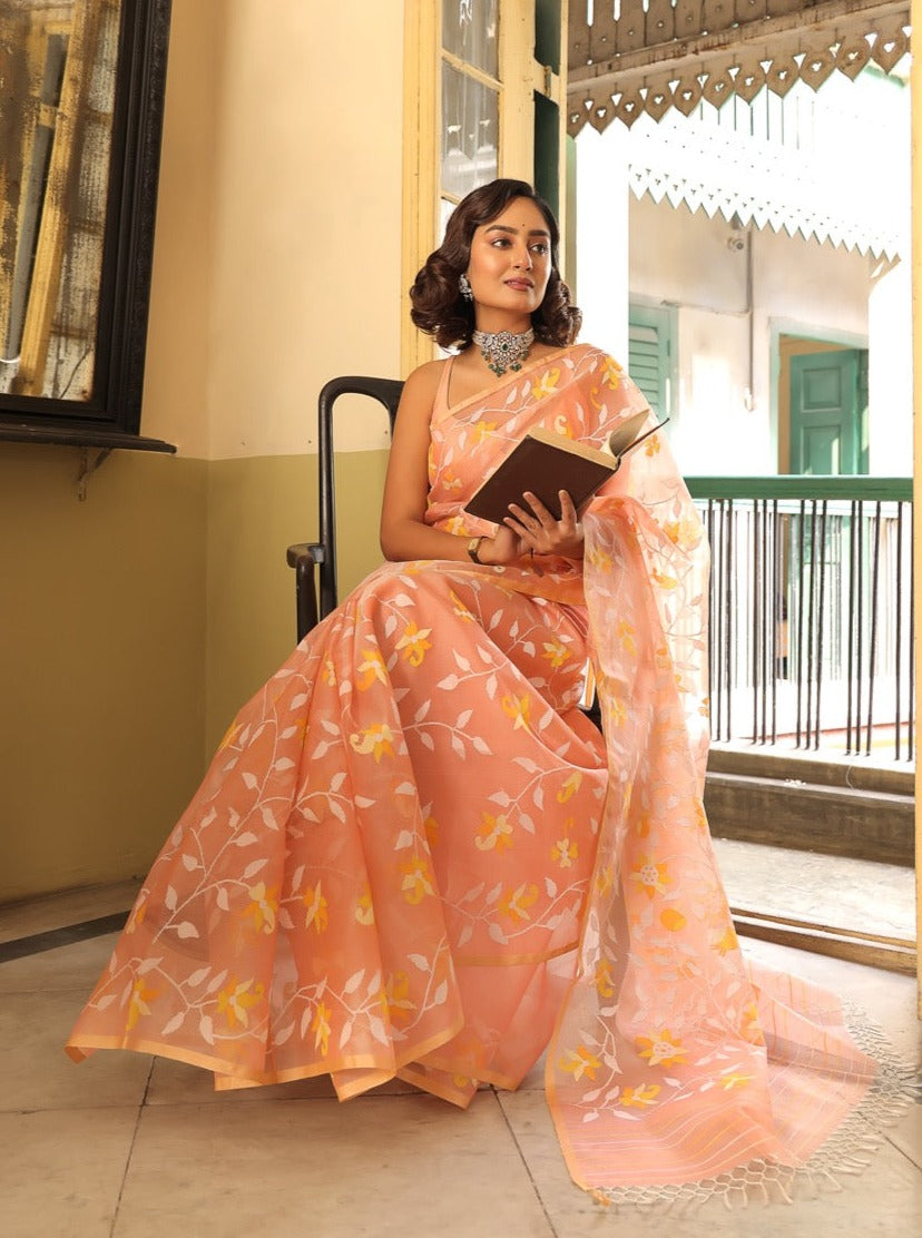Super Exclusive Peach Colour Handloom Muslin Silk Saree with Jamdani weaving
