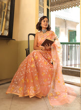 Super Exclusive Peach Colour Handloom Muslin Silk Saree with Jamdani weaving