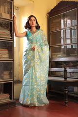 Super Exclusive Blue Colour Handloom Muslin Silk Saree with Jamdani weaving