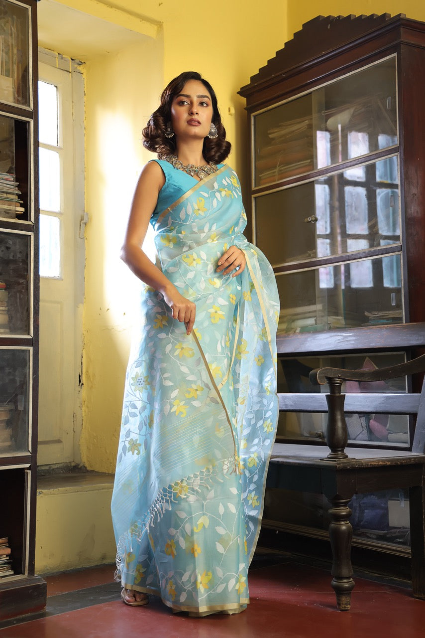 Super Exclusive Blue Colour Handloom Muslin Silk Saree with Jamdani weaving