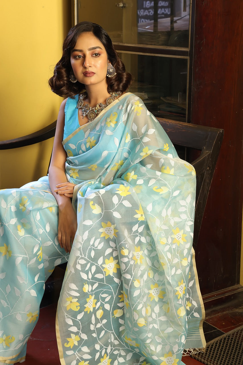 Super Exclusive Blue Colour Handloom Muslin Silk Saree with Jamdani weaving