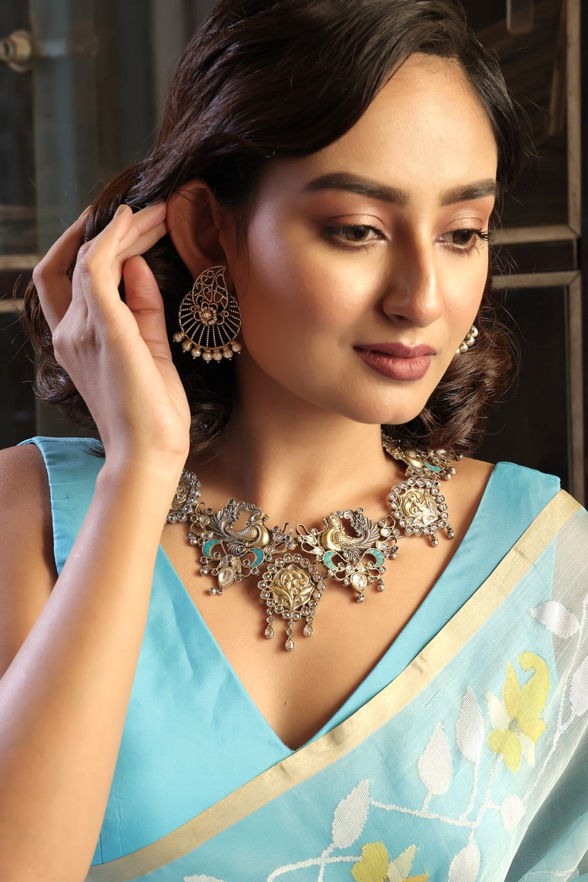 Two Tone Peacock Theme 92.5 Silver Neckpiece with Earrings