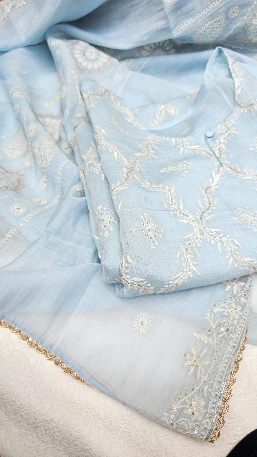 Chanderi Semi-stitched Suit Set in soothing blue