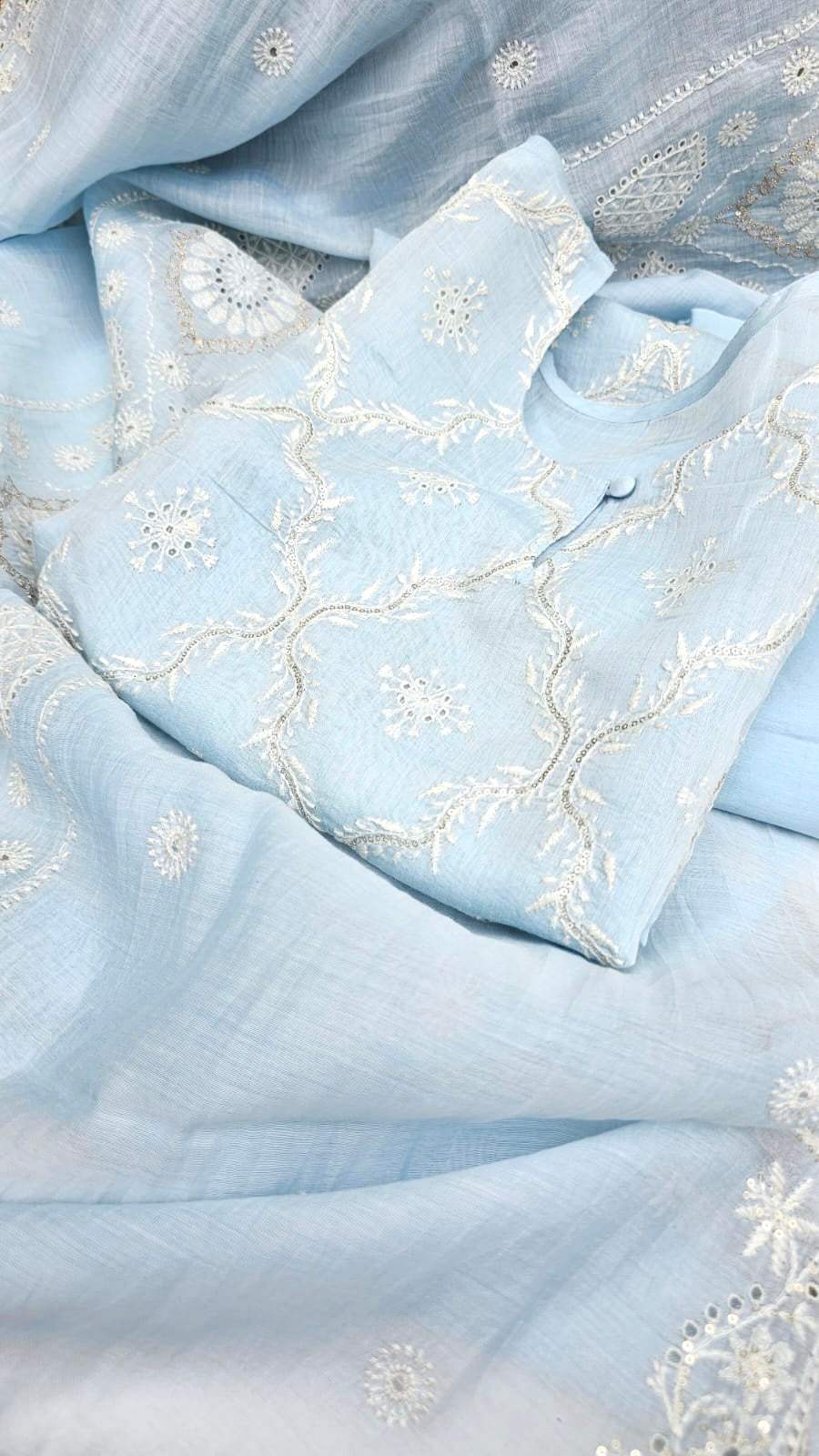 Chanderi Semi-stitched Suit Set in soothing blue